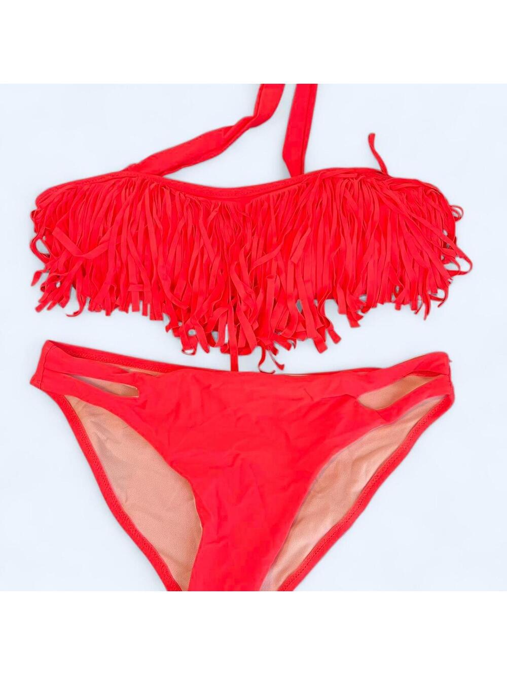 Vintage Y2K hot pink Top Melon fringe bikini set size small NWOT